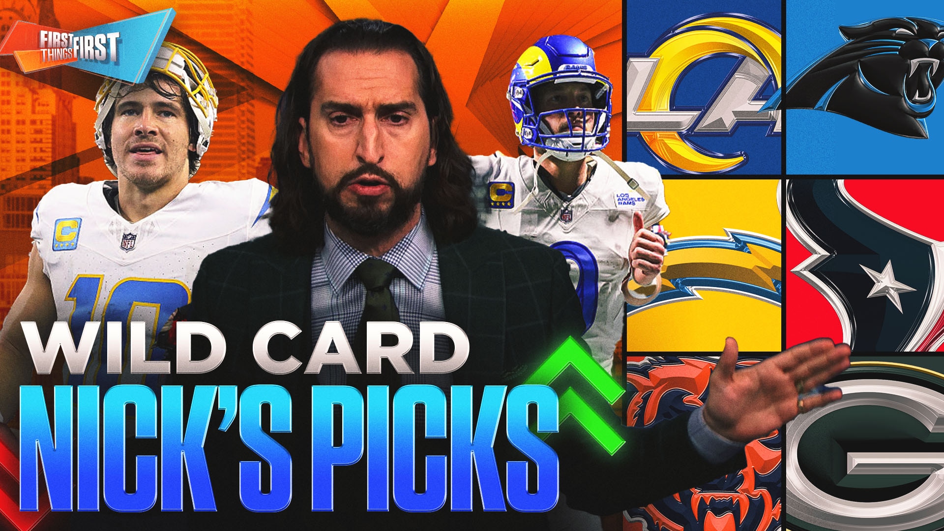 Rams (-10.5), Chargers (+3.5) and Jaguars (+1.5) highlight Nick Wright’s Wild Card Picks | First Things First